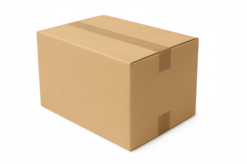 Sealed cardboard shipping box resting on transparent surface, emphasizing packaging logistics