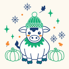 Cute vector cartoon illustration of a snowman and a decorated Christmas tree for the winter holiday season