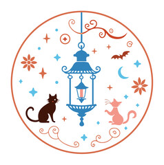 Vector christmas greeting card with a vintage bird sitting on a snow-covered tree decorated with holiday ornaments and snowflakes