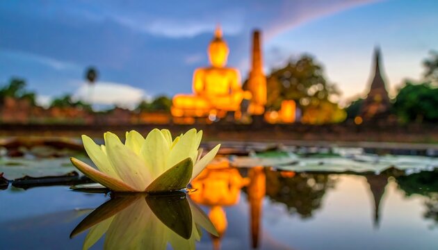 A serene lotus flower floats in water, reflecting an illuminated golden Buddha statue and ancient temple ruins at dusk - Powered by Adobe