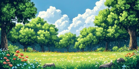 Dense forest and sunny glade pixel scenery