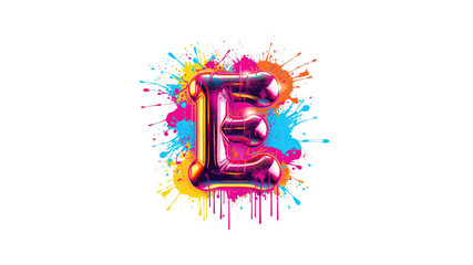 Vibrant 3D Letter E with Colorful Paint Splatter Background
