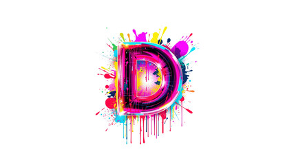 Vibrant Neon Letter D with Colorful Paint Splatter