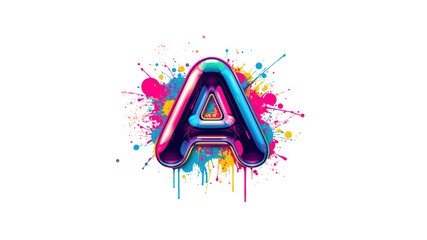 Vibrant 3D Letter A with Colorful Ink Splatter Background