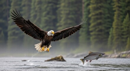 Majestic Bald Eagle Hunting Salmon in a Lush Forested River