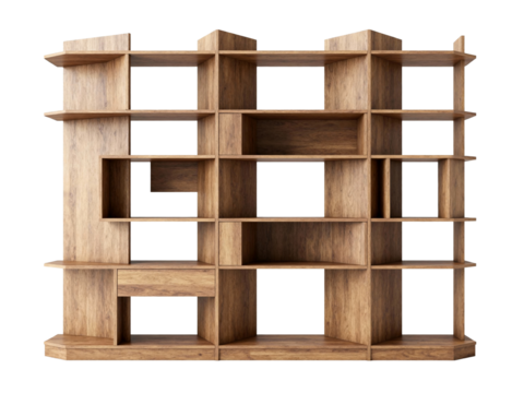 Modern rustic bookshelf design with wooden planks, perfect for showcasing books and home decor items