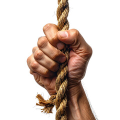 Close Up Of A Strong Hand Tightly Gripping A Fraying Thick Rope isolated on transparent background. PNG die-cut for advertising