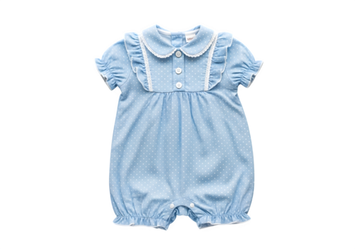 Adorable baby girls light blue romper with white polka dots and a frilly collar, isolated on transparent background, perfect for a summer day out or playtime