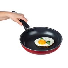 A Hand Holds A Red Frying Pan With A Freshly Cooked Egg And Dill Garnish isolated on transparent background. PNG die-cut for advertising