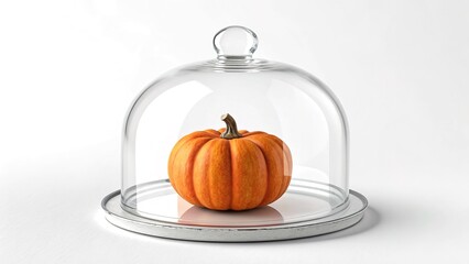 Decorative glass cloche showcases a small pumpkin on clean white background for autumn decor inspiration