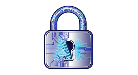 A silver padlock with blue circuit patterns and the letters ai over the keyhole on a white background ai generated