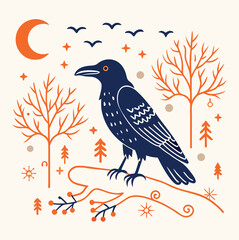 A cute black raven vector illustration with a bullfinch on a branch