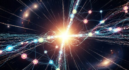 A dynamic display of interconnected data points radiating from a central light source, showcasing a complex network of connections in space.
