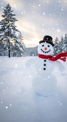 Obraz premium A cheerful snowman stands in a snowy landscape, adorned with a red scarf and black hat, under a serene winter sky full of snowflakes.