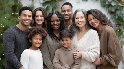 Fototapeta premium A diverse holiday card photo with interracial families and plus-size members smiling warmly, diversity, inclusivity, interracial couples, plus-size models, holiday card.