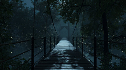 Fototapeta premium 月夜に静かに続く森の吊り橋