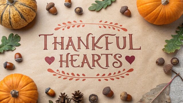 Stylized typographic thanksgiving quote surrounded by autumn decorations on kraft paper - Powered by Adobe