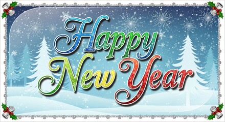 A festive, winter-themed graphic displays the message "Happy New Year" in colorful, sparkly lettering against a snowy landscape with fir trees and fireworks.
