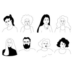 Hand Drawn Avatar Set of 8 People – Diverse Faces in Ligne Claire Black and White Vector