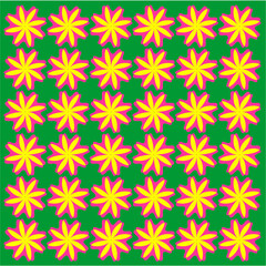 Bright yellow and pink floral stars bloom across a lush green background, radiating warmth, joy, and rhythmic symmetry in vibrant repetition.