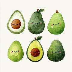 Cute Kawaii Watercolor Avocados with Smiling Faces