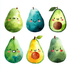 Cute Kawaii Watercolor Avocados with Smiling Faces