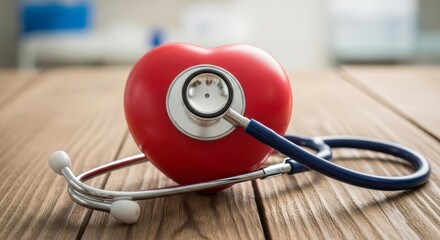 A red heart-shaped model rests on a wooden table, a stethoscope positioned over it, signifying healthcare and well-being.