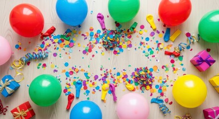 Colorful party decorations, including balloons, confetti, and gifts, scattered on a light wooden surface, create a festive and celebratory scene.