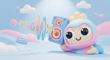 Playful cartoon character with a sound system, vibrant pastel colors, and a cheerful vibe, showcasing a whimsical 3D design.