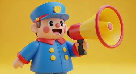 A cheerful cartoon character in a blue uniform, holding a bright yellow megaphone, stands out against a vibrant mustard backdrop.