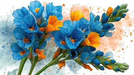 Watercolor painting of a vibrant bouquet featuring predominantly blue flowers with interspersed orange blossoms, set against a soft, abstract background of peach and teal watercolor splatters