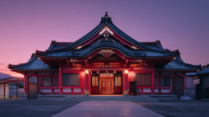 Obraz premium 黎明色に染まる神社屋根の頂
