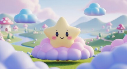 A cheerful star, with a friendly expression, floats on a fluffy cloud in a whimsical landscape of pastel colors.