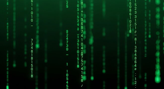 A dynamic display of cascading numbers in a dark green background, showcasing a digital, futuristic visual effect.