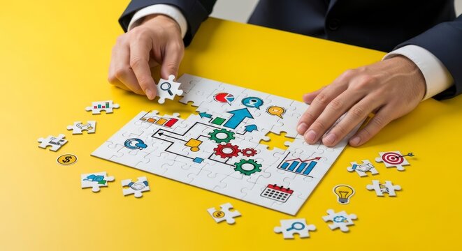 A person meticulously assembles a strategic planning puzzle, demonstrating a process-oriented approach to problem-solving.