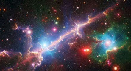 A vibrant display of cosmic nebulae, showcasing intricate patterns of color and light against a backdrop of countless stars.
