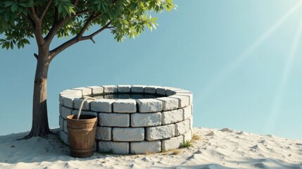 Serene oasis A weathered well, crafted from pale stone blocks, rests serenely beneath the shade of a leafy tree on a sun-drenched sandy expanse.