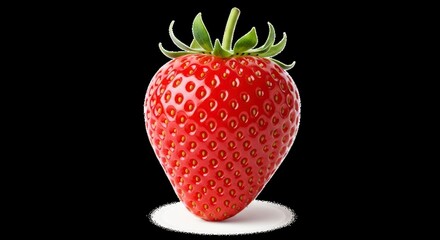 A vibrant, single strawberry, brightly colored and displaying its textured skin, is highlighted against a deep black backdrop.