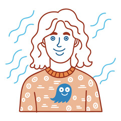 An elegant cartoon woman with beautiful hair holds a doll and a glass of water, a vector illustration of a girl's face design