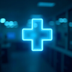 Obraz premium Neon blue medical cross on dark background, symbolizing healthcare.