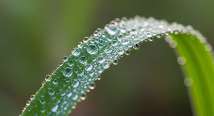 Dew-kissed blade of grass, showcasing numerous water droplets, with a soft green and out-of-focus background.