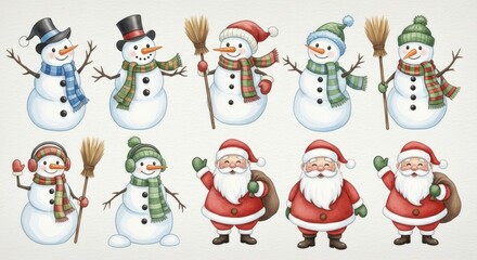 Charming collection of hand-drawn winter figures, including snowmen and santa, in warm color palettes.