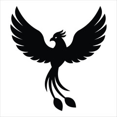 Silhouette of a stylized phoenix with wide, upward-curving wings and a distinctive tail featuring elongated, curved feathers ending in leaf-like shapes.