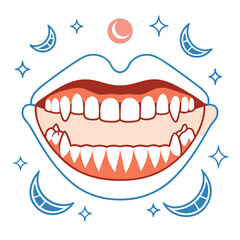 A cartoon illustration of a happy woman with a wide, open-mouthed smile showing her teeth, gums, and tongue