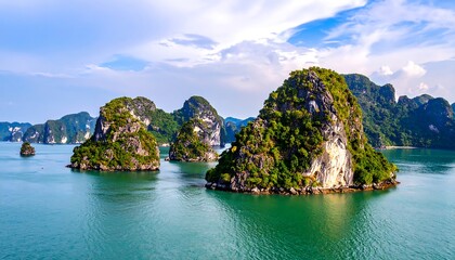 Obraz premium Idyllic view of karst islands rising from a calm, teal sea under a blue, partly cloudy sky