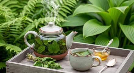 A fragrant, steaming herbal tea displayed on a wooden tray amidst lush greenery.  The glass teapot, filled with vibrant green leaves, and a matching cup, creates a peaceful and serene scene.