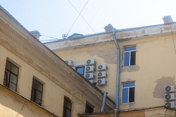 Air conditioners on the facade of the house, ventilation and cooling system, air purification technology. split system.