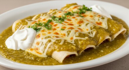 Four enchiladas, smothered in a vibrant green sauce, topped with melted cheese and a dollop of sour cream.