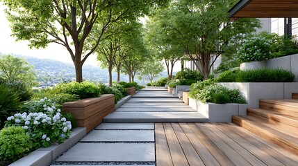 Tranquil Floating Deck with Stairs in a Lush Hillside Setting of Brisbane