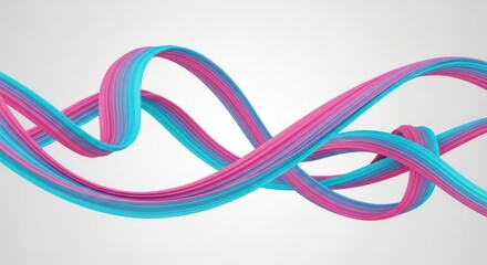 Fluid ribbons of vibrant, pastel pinks and blues, gracefully swirling in a dynamic abstract design.